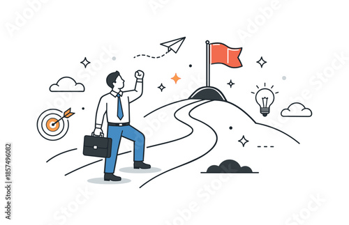 Milestone Achievement Celebration. Career achievement. A professional reaching a milestone flag on a path, representing success and personal growth. Calm