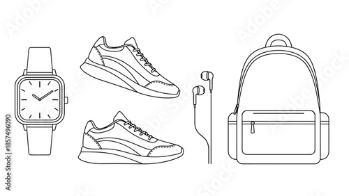 Clean line art icons depict essential personal accessories including a wristwatch, a pair of sneakers, wired earphones, and a standard backpack.