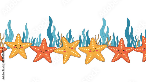 Cute underwater seamless border features happy cartoon starfishes in orange and yellow colors interspersed with tall blue seaweed strands.
