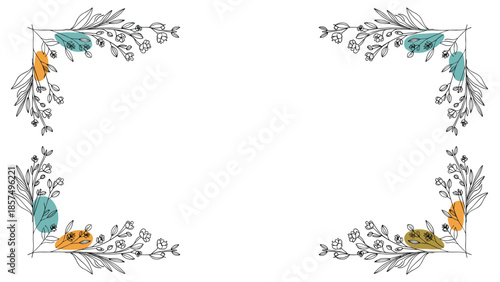 Elegant floral corner frame elements are composed of delicate black line art flowers and leaves accented with soft blue and orange color blobs.