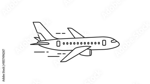 Minimalist line art drawing shows the side profile of a commercial passenger airplane flying through the air with small motion lines behind it.