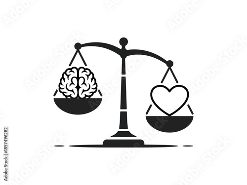 A scale balances a brain against a heart, symbolizing the balance of logic and emotion.