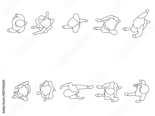 Set of 10 human figures shown from top view, drawn as clean line art silhouettes. Different standing and walking poses designed specifically as a visual addition for CAD floor plans, architectural.
