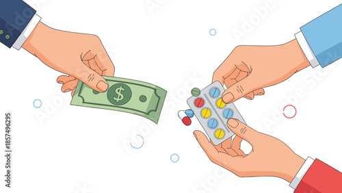 Illustration depicting an illegal drug deal or pharmaceutical transaction shows one hand exchanging money for a blister pack of colorful pills.