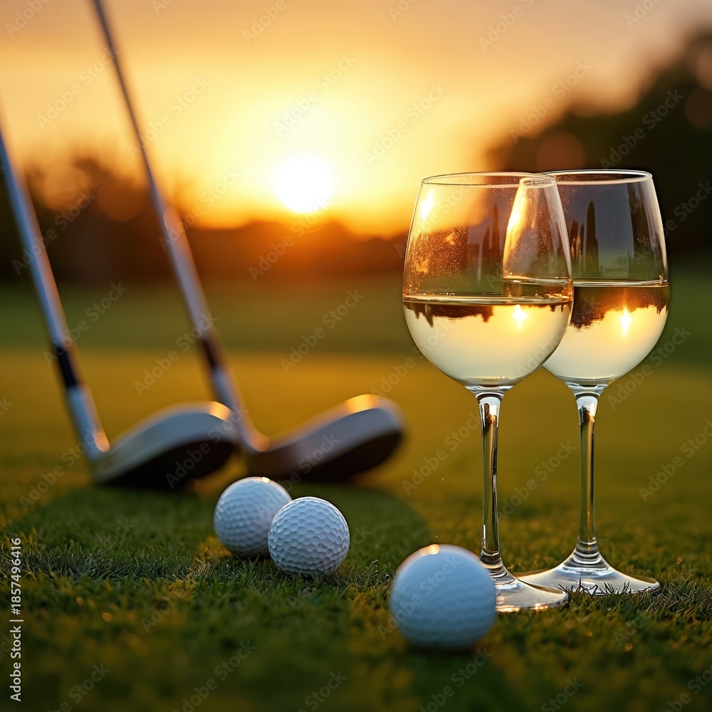 Fototapeta premium Two wine glasses with white wine sit on green grass next to golf balls, clubs at sunset. Soft golden light illuminates scene creating peaceful evening atmosphere. Golfers relax after play, enjoying
