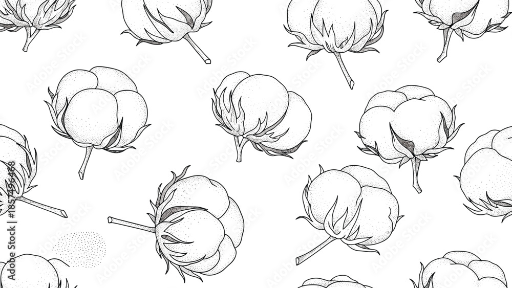 Obraz premium Detailed seamless pattern features hand-drawn black and white illustrations of cotton bolls in various stages of bloom on a white background.