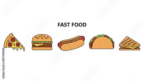 Set of colorful fast food icons includes a slice of pepperoni pizza, a cheeseburger, a hot dog with mustard, a taco, and a club sandwich.