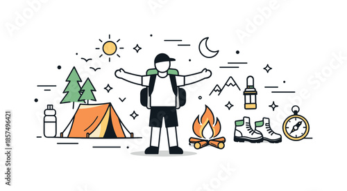 Minimalist Camping Adventure. Camping lifestyle concept. Abstract outdoor scene with a person surrounded by icons of tent, trees, fire and gear. Sense of