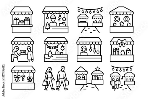 Festive Craft Market Icons. Festive craft stalls. Line outline icon set of festive craft stalls: market stalls