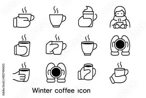 Winter Coffee Icons. Winter coffee icons. Line outline icon set of winter coffee icons: hand in mitten holding