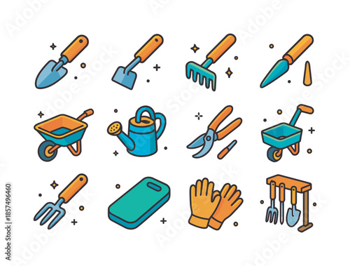 Colorful Farm Tool Icons. Farm tools for planting vegetables. Colorful isometric vector icons set of farm tools for planting vegetables: hand trowel, hoe,