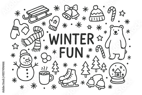 Winter Fun Doodle. Winter fun. Hand-drawn doodle illustration of Winter fun. Sled, snowman, polar bear,