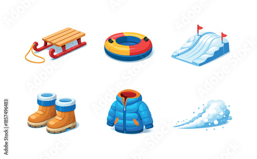 Winter Activity Icons. Outdoor winter activities. Isometric flat vector icons set of outdoor winter activities: sled with rope, snow tube ring, downhill track,