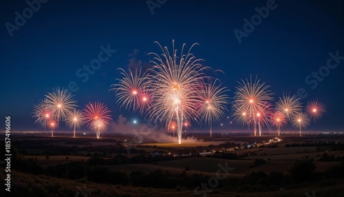 Colorful fireworks illuminate the night sky over a wide rural landscape, creating a festive celebration atmosphere with glowing sparks, smoke trails, and distant city lights