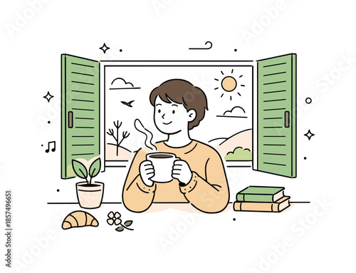 Cozy Morning Vibes. March lifestyle illustration. A person holding coffee while enjoying fresh air near an open window, symbolizing slow mornings and seasonal