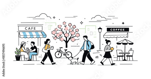 Spring City Stroll. Spring street scenes. A calm city street in early spring with pedestrians walking past cafes and trees in bloom, light clouds and soft