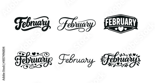 February Lettering Styles. February vibes. Set lettering. harmonious lettering variations of the same emblematic concept, each with different