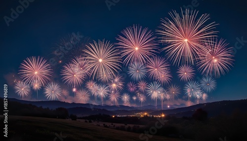 Colorful fireworks illuminate the night sky over a wide rural landscape, creating a festive celebration atmosphere with glowing sparks, smoke trails, and distant city lights