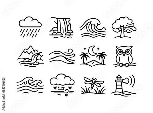 Nature Sleep Icon Set. Nature sleep sounds. Line icon set of Nature sleep sounds: rainfall, waterfall, ocean surf, breeze through trees, mountain stream,