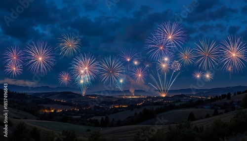 Colorful fireworks illuminate the night sky over a wide rural landscape, creating a festive celebration atmosphere with glowing sparks, smoke trails, and distant city lights