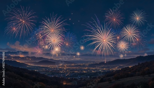 Colorful fireworks illuminate the night sky over a wide rural landscape, creating a festive celebration atmosphere with glowing sparks, smoke trails, and distant city lights