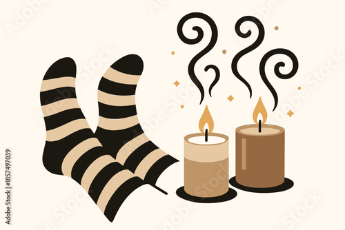 Serene Sock Ambiance. Striped socks and scented candles. Socks curl slightly as aromatherapy candles release