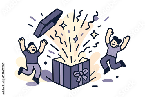 Festive Gift Explosion. Happy present burst. Box lid flying open, confetti, sparkles, and glowing light