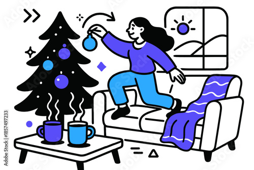 Cozy Morning Vibe. Cozy living room morning scene. Tree ornaments catching early light, steaming mugs on