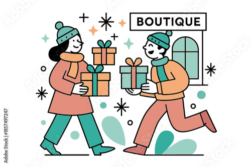 Geometric Holiday Shopping. Minimal holiday shopping. Geometric couple holding presents, abstract floating