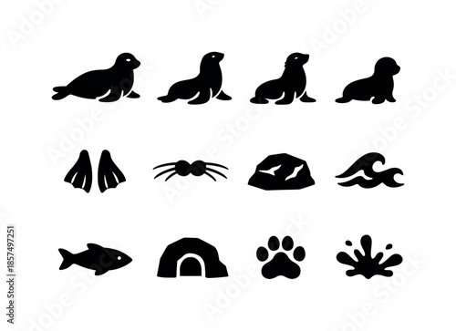 Seal and Sea Lion Icons. Seals and sea lions. Solid icon set of seals and sea lions: harbor seal, sea lion, fur seal, pup silhouette, flipper icon, whisker