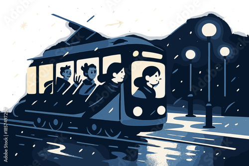 Winter Tram Journey. Tram gliding through snow at night. Streetlights reflecting on icy pavement, snowflakes