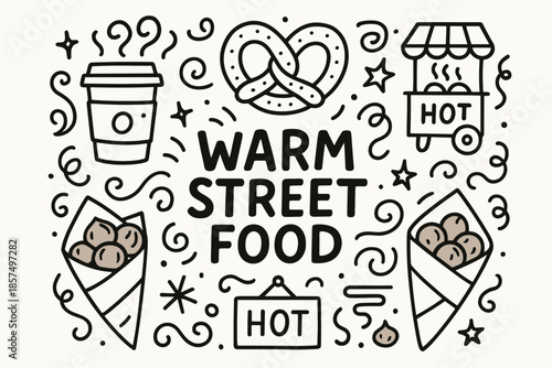 Warm Street Food Doodles. Warm street food. Hand-drawn doodle illustration of warm street food. Chestnuts,