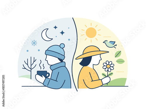 Seasonal Harmony. Seasonal duality concept. Two contrasting abstract moods in one minimal composition, symbolizing change and balance. The illustration feels