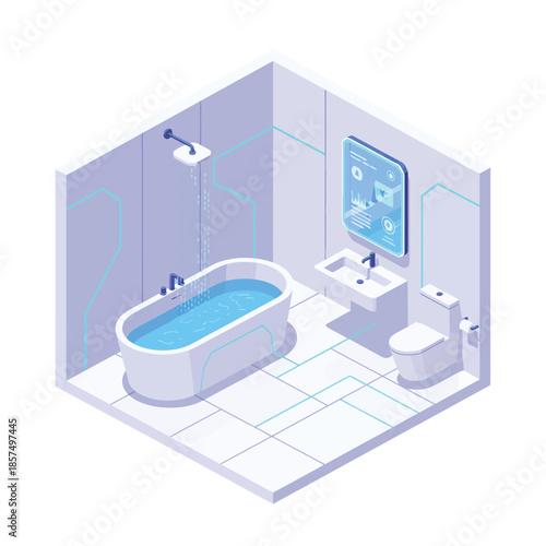 Isometric view of a futuristic smart bathroom with modern fixtures and digital interface mirror.
