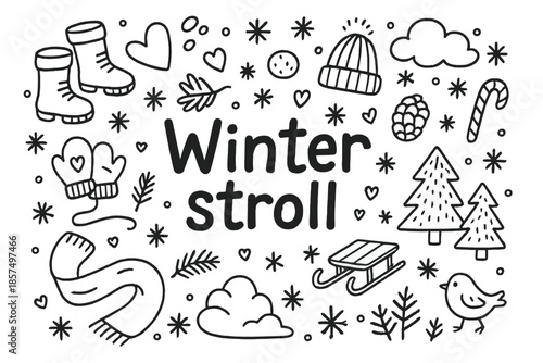 Winter Stroll Doodle. Winter stroll. Hand-drawn doodle illustration of Winter stroll. Snow boots, footprints,