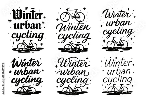 Winter Urban Cycling Styles. Winter urban cycling. Create a calligraphy lettering illustration of the phrase: