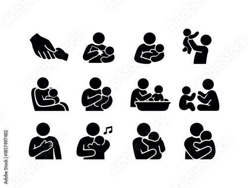 Parent-Baby Bonding Icons. Parent?baby bonding. Solid icon set of parent?baby bonding: holding hands, feeding moment, cuddling arms, lifting baby, rocking