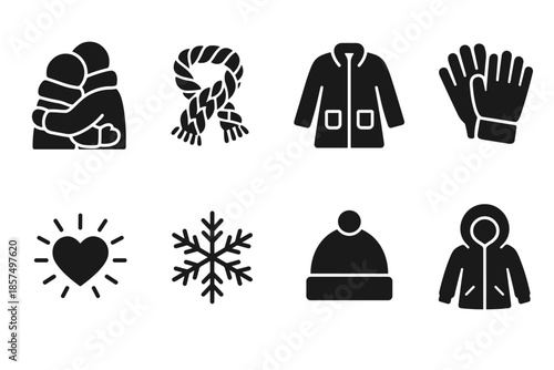 Winter Embrace Icons. Bundled-up embrace. Filled icon set of Bundled-up embrace: hugging silhouettes, chunky