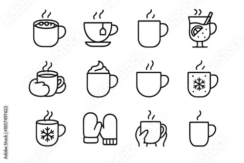 Cozy Drink Icons. Cozy drinks. Line outline icon set of cozy drinks: cocoa mug, tea cup, coffee mug, mulled