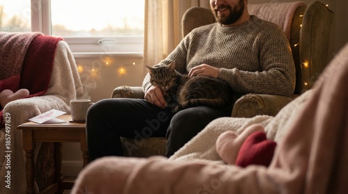 Wallpaper Mural Valentine's day cozy scene featuring a man with cat home setting lifestyle warm and inviting atmosphere Torontodigital.ca