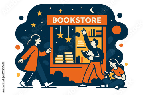 Magical Bookstore Night. Night of stories. Bookstore illuminated under dark sky, paper stars hanging in window