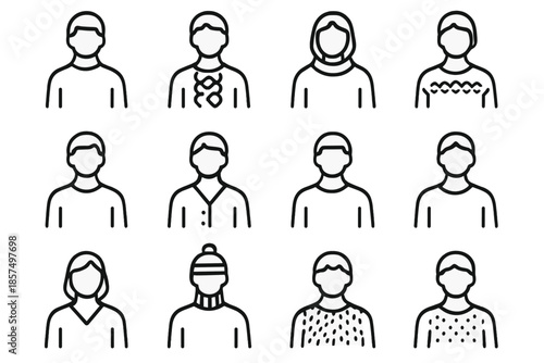 Fashion Knit Icon Set. Fashion knit icons. Line outline icon set of fashion knit icons: model with turtleneck