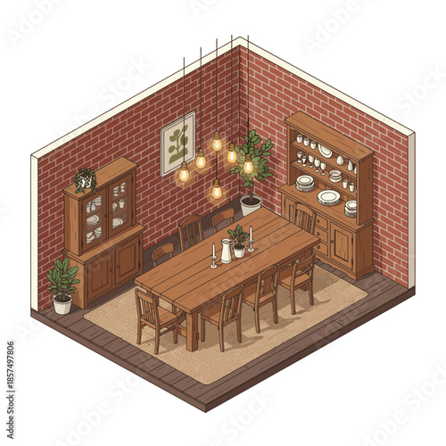 Isometric view of a cozy rustic dining room with brick walls, a long wooden table, chairs, display cabinets, and potted plants.