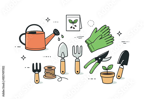 Essential Gardening Tools. Gardening tools. Minimal editorial illustration focusing on essential tools for home gardening, light and organized presentation.