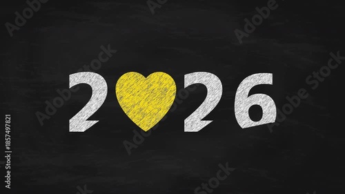 2026 Chalk Write-on Animation on Blackboard With Yellow Heart Symbol