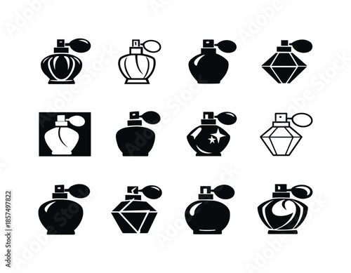 Perfume Logo Icons. Perfume bottle. Icon set. Set Logo of Perfume bottle: perfume sprayer nozzle. harmonious logo variations of the same emblematic concept,