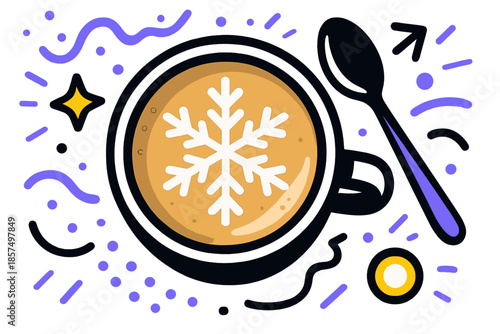 Snowflake Latte Art. Latte with snowflake latte art and spoon. Top view of frothy coffee with snowflake design