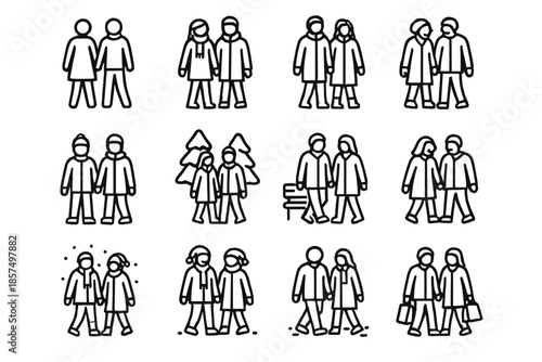 Winter Stroll Icons. Holiday park stroll. Line outline icon set of holiday park stroll: couple walking holding
