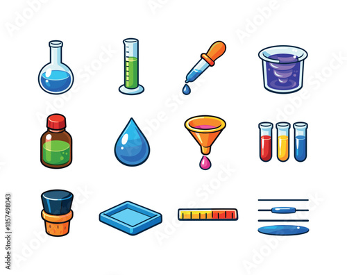 Colorful Solution Icons. Solution Preparation. Colorful isometric vector icons set of Solution Preparation: volumetric flask, graduated cylinder, pipette