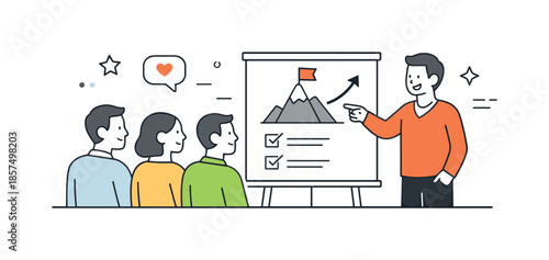 Collaborative Leadership Vision. Team leadership. A leader standing beside teammates, pointing toward shared goals displayed on a simple board. The scene